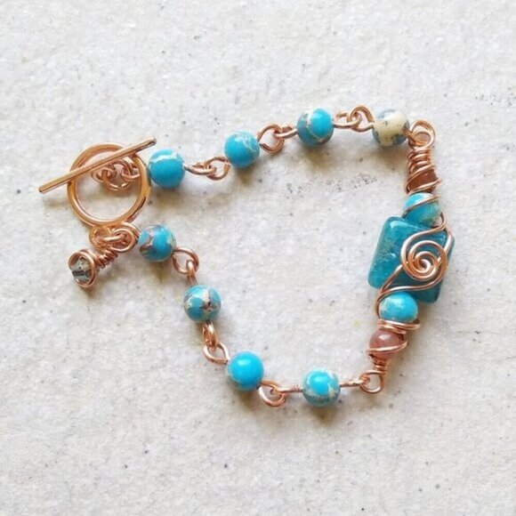 Ocean Blues Beaded Copper Bracelet! Wire Wrapped Rosary Style w. Center Focal - Picture 3 of 9